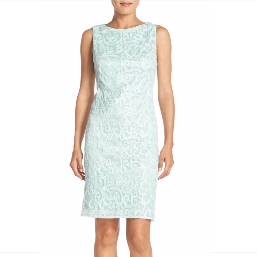 NWT $338 Sue Wong Embroidered Mesh Sheath Dress‎ Sky Blue {SZ 4 ]